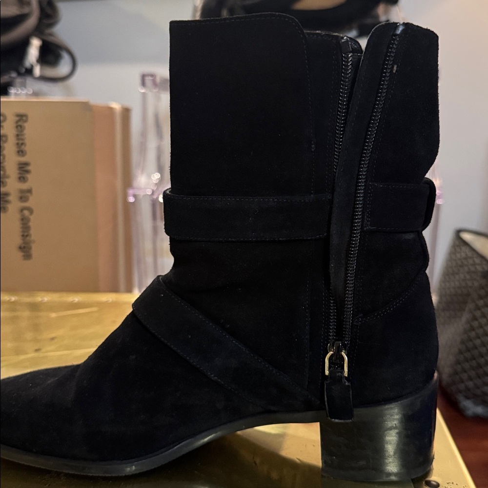 Stuart Weitzman Britain Suede Boots Black and Gold - Picture 7 of 11